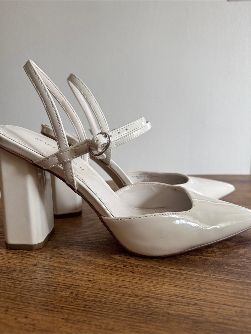 Marc Fisher Cream Patent Pointed-Toe Block Heel Slingbacks